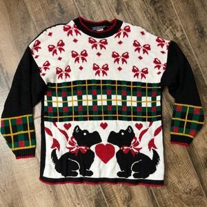 JJ Browne‎ USA Vintage Holiday Scottie Dog Bow Plaid Knit Sweater, Black Red, PL